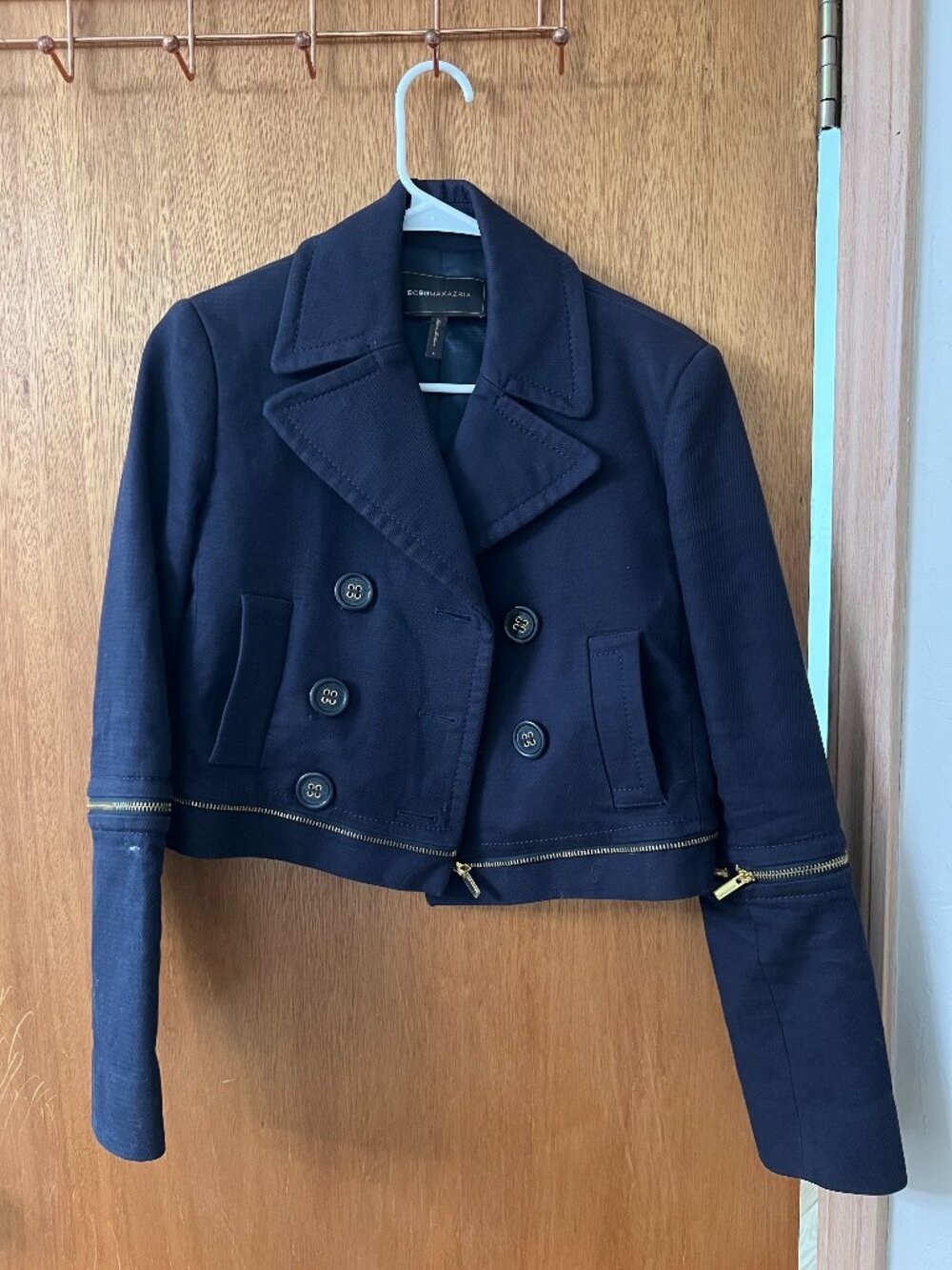 BCBGMAXAZRIA Navy Cropped Double-Breasted Peacoat with Gold Zip Trim